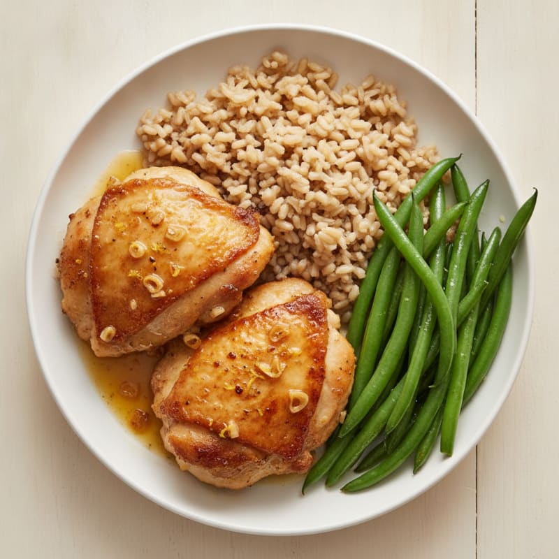 Lemon Garlic Chicken Thighs with Steamed Green Beans and Brown Rice