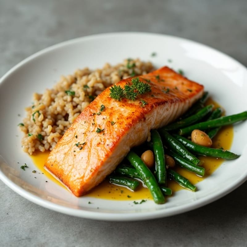 Seared Salmon with Lemon Garlic Green Beans and Brown Rice