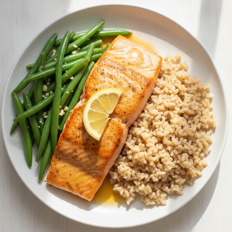 Seared Salmon with Garlic Green Beans and Brown Rice