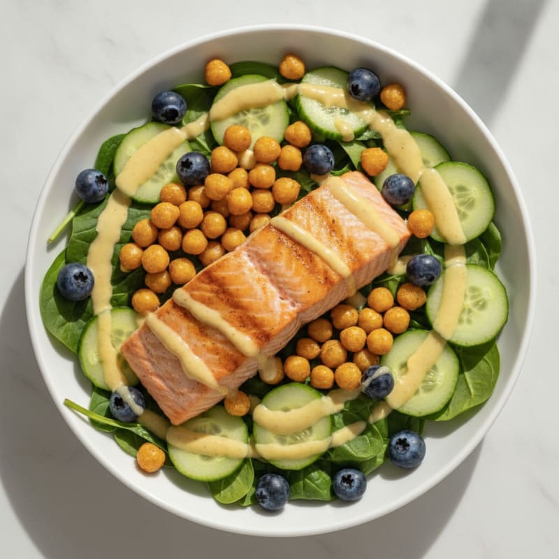 Crispy Chickpea and Grilled Salmon Power Bowl with Leafy Greens
