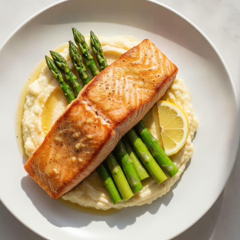Seared Salmon with Steamed Asparagus and Cauliflower Mash