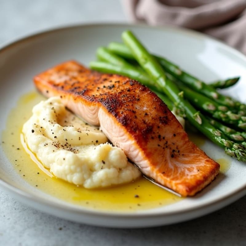 Seared Salmon with Steamed Asparagus and Cauliflower Mash