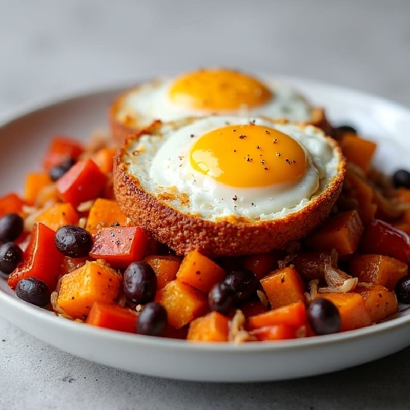 Crispy Sweet Potato and Bell Pepper Hash with Fried Eggs