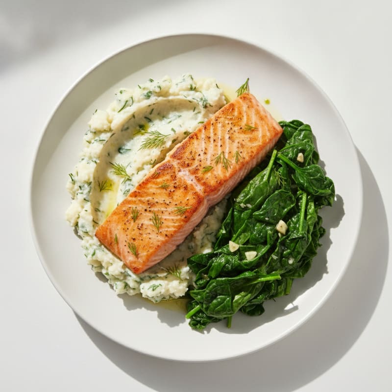 Seared Salmon Fillet with Herb-Cauliflower Mash and Sautéed Spinach