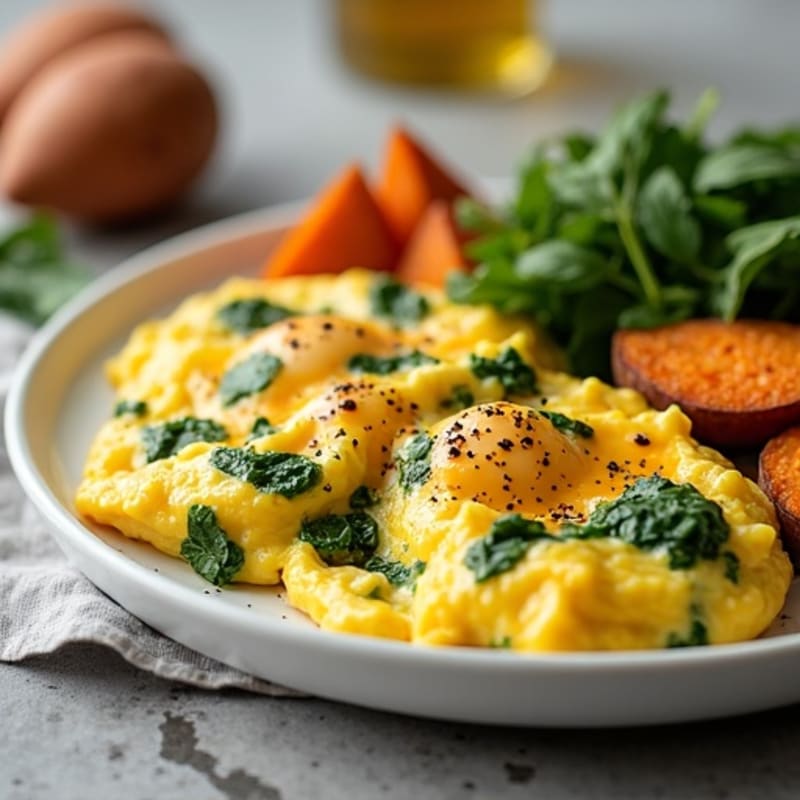 Creamy Scrambled Eggs with Fresh Spinach and Roasted Sweet Potatoes
