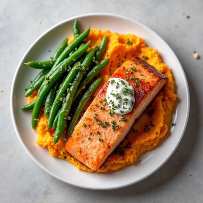 Seared Salmon Fillet with Garlic Green Beans and Sweet Potato Mash