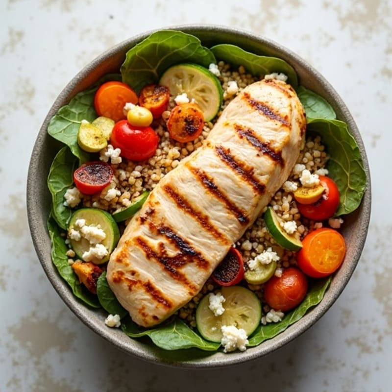 Grilled Chicken and Quinoa Bowl with Roasted Vegetables and Feta