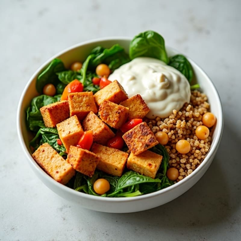 Crispy Tofu Power Bowl with Quinoa and Roasted Chickpeas