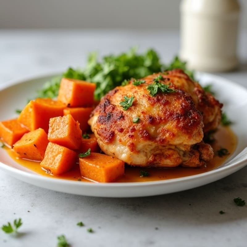 Crispy Baked Chicken Thighs with Cinnamon-Roasted Sweet Potatoes