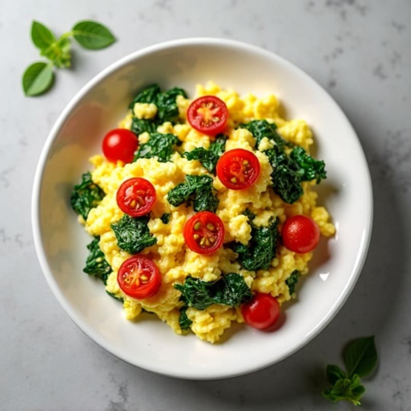 Creamy Scrambled Eggs with Sautéed Spinach and Cherry Tomatoes
