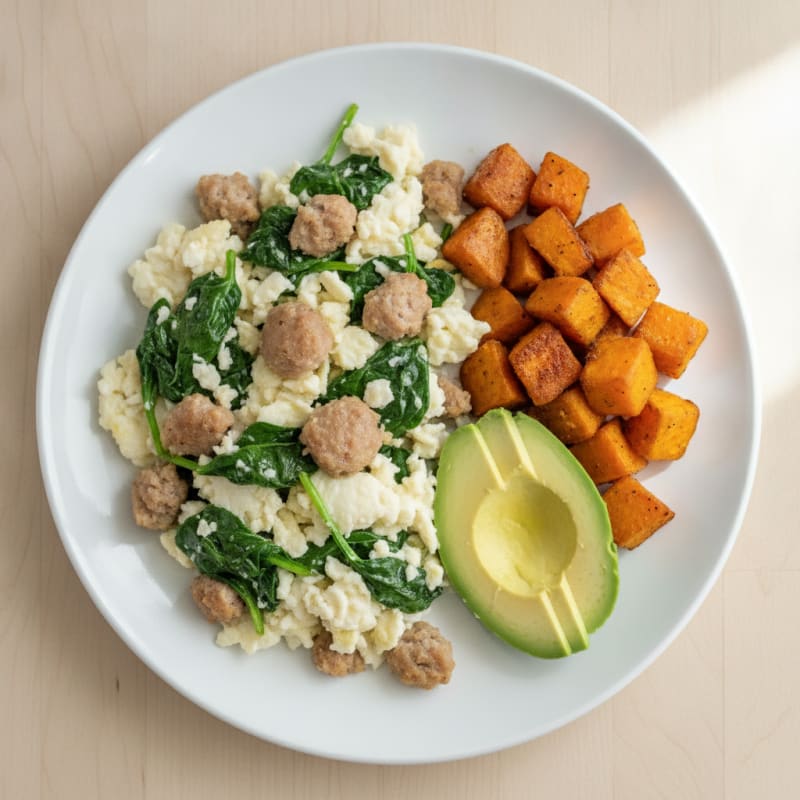 Egg White Scramble with Turkey Sausage and Spinach