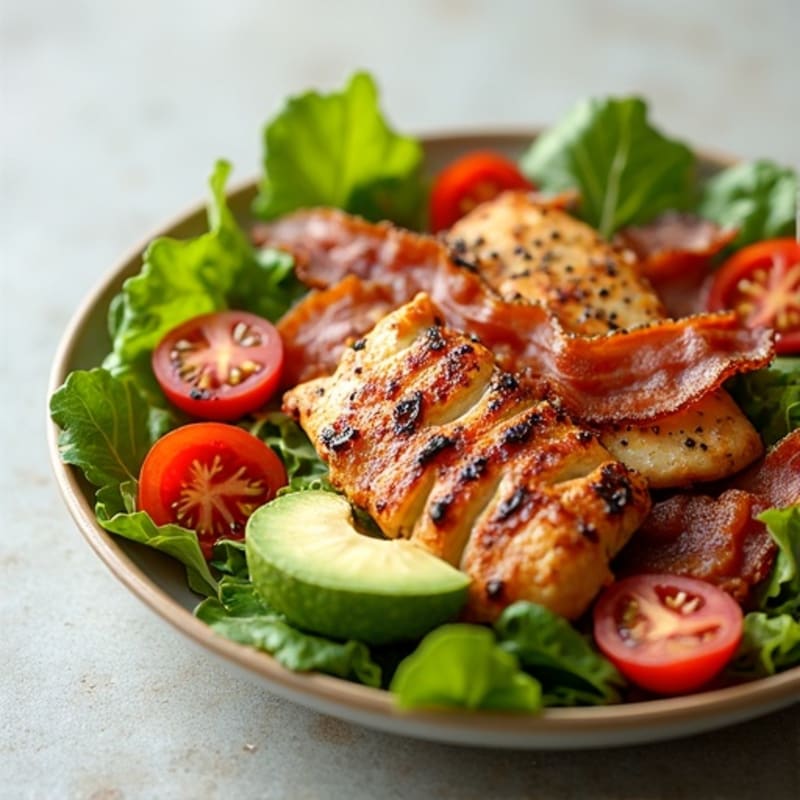 Crispy Turkey Bacon and Grilled Chicken Salad with Fresh Tomatoes and Avocado