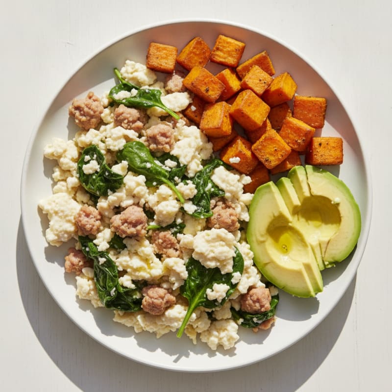 Egg White and Turkey Sausage Scramble with Baby Spinach