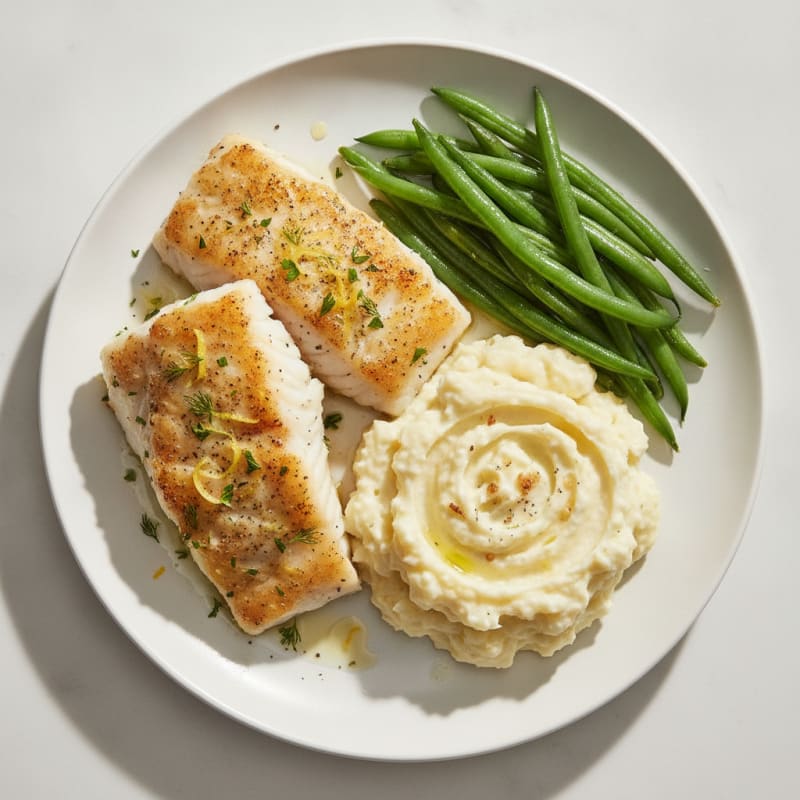 Baked Cod with Steamed Green Beans and Garlic Mashed Cauliflower