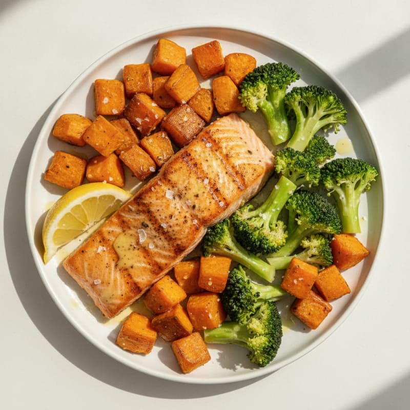 Seared Salmon with Roasted Sweet Potatoes and Steamed Broccoli