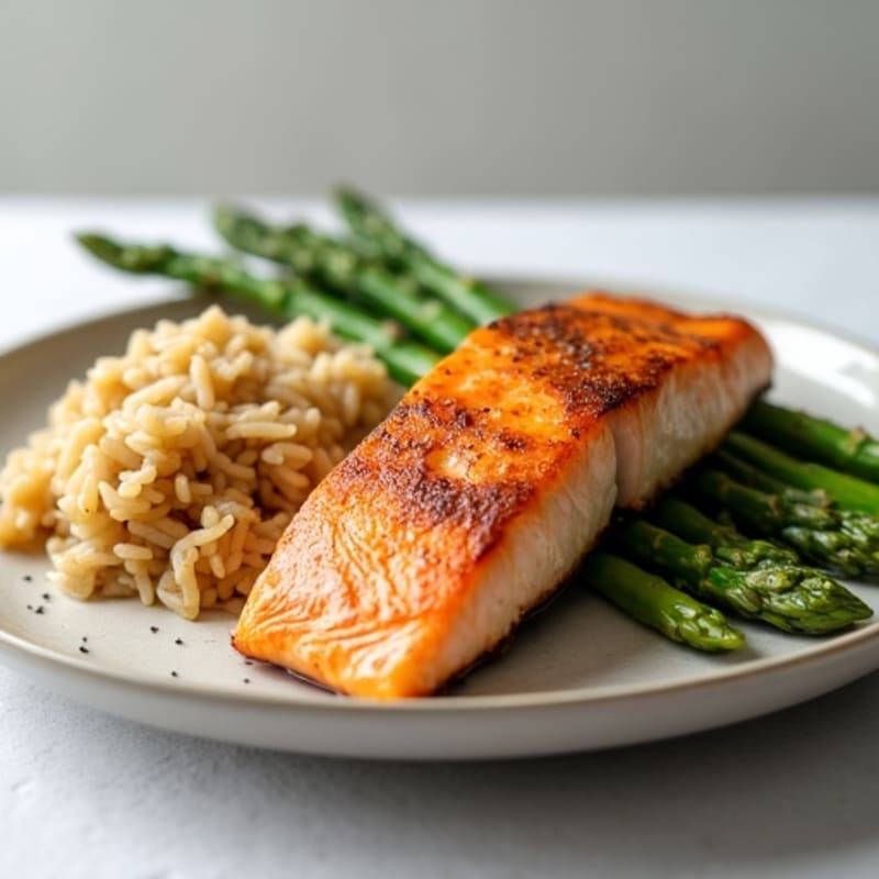 Seared Salmon with Steamed Asparagus and Brown Rice
