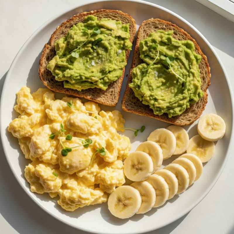 Creamy Scrambled Eggs with Avocado Toast and Sliced Banana
