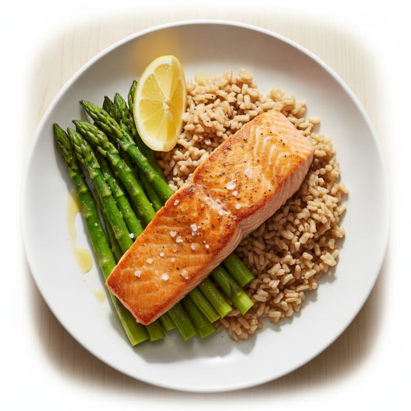 Pan-Seared Salmon with Steamed Asparagus and Brown Rice