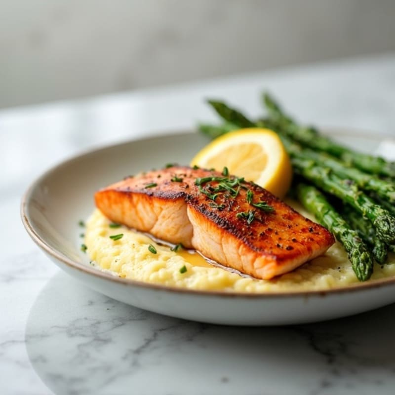 Seared Salmon with Steamed Asparagus and Cauliflower Mash