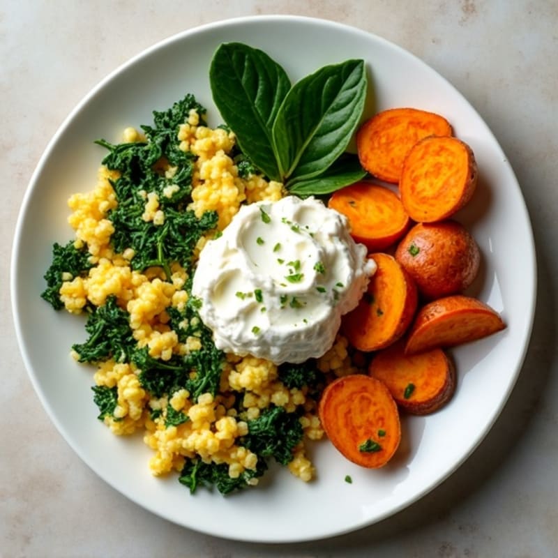Egg White Spinach Scramble with Cottage Cheese and Roasted Sweet Potatoes