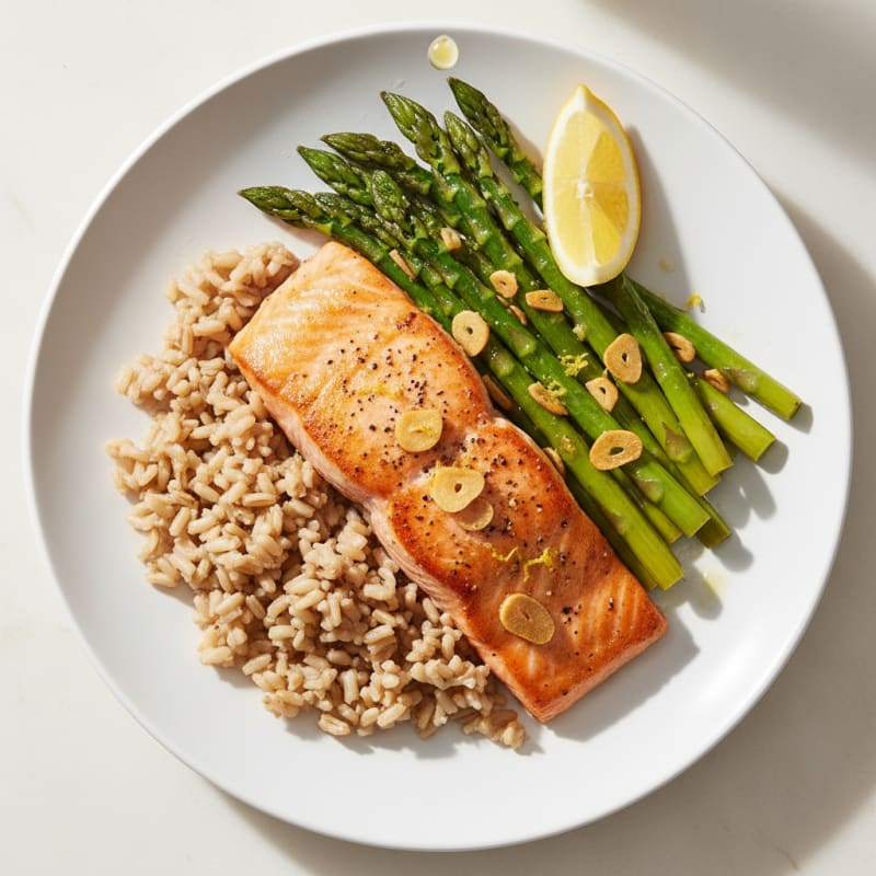 Seared Salmon with Lemon Garlic Asparagus and Brown Rice