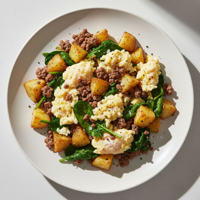 Scrambled Eggs with Crispy Potatoes and Sautéed Spinach