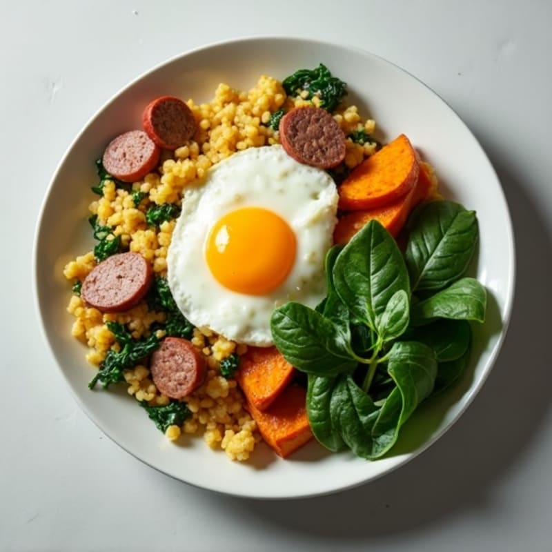 Egg White and Turkey Sausage Scramble with Spinach and Roasted Sweet Potatoes