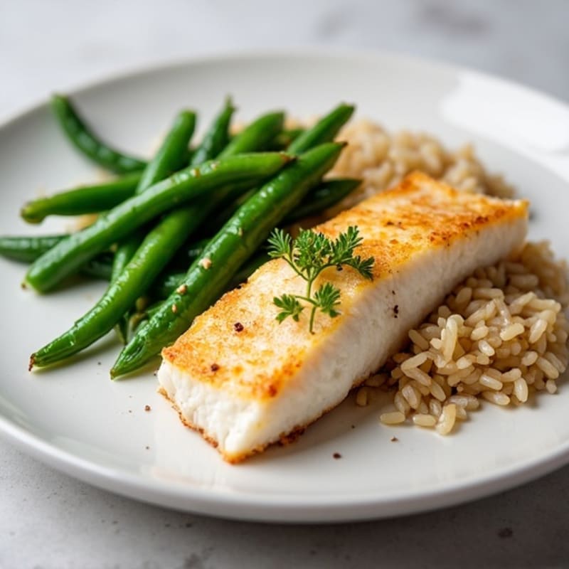 Seared Cod with Garlic Green Beans and Steamed Brown Rice