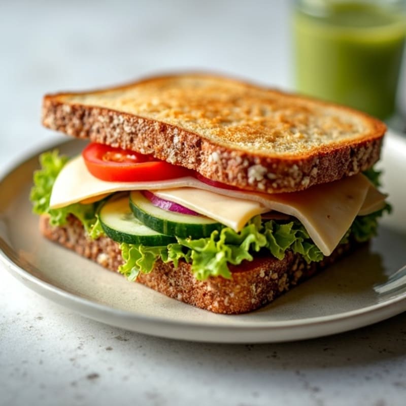 Lean Turkey and Provolone Whole Grain Sandwich with Fresh Crispy Vegetables and Zesty Herb Vinaigrette
