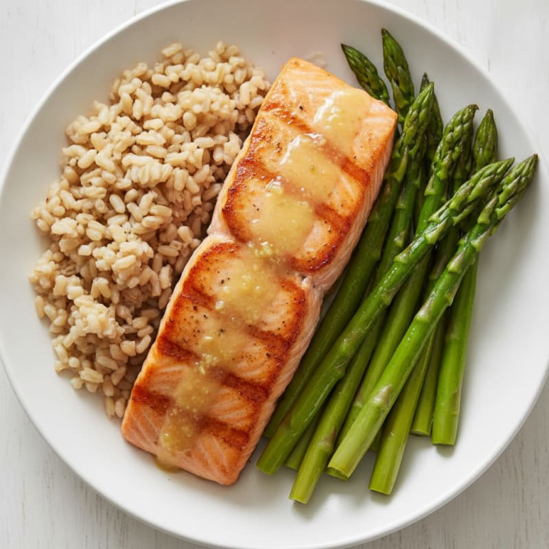 Seared Salmon with Steamed Asparagus and Brown Rice