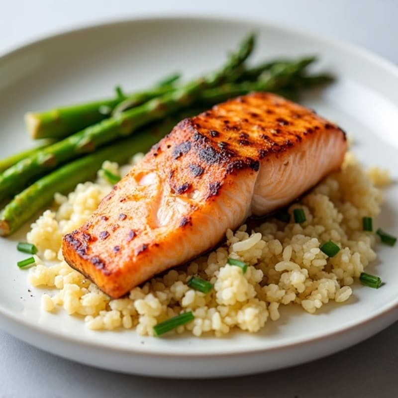 Seared Salmon with Steamed Asparagus and Cauliflower Rice