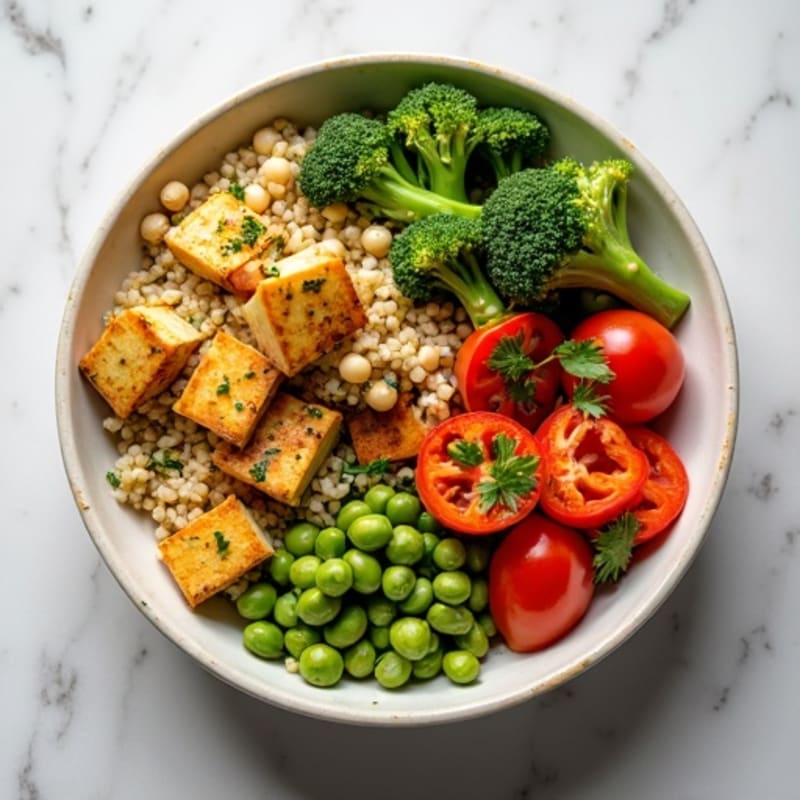 Hearty Quinoa Bowl with Crispy Roasted Vegetables and Lemon-Herb Dressing