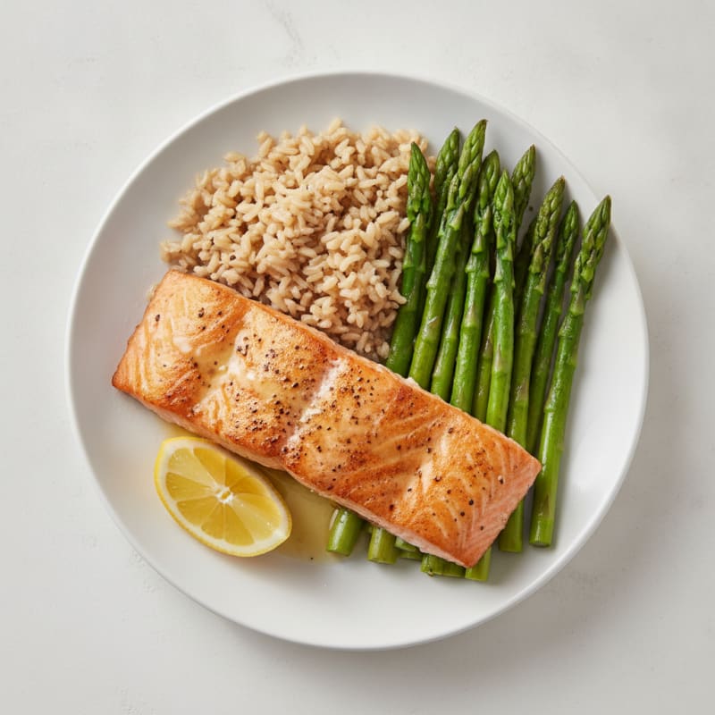 Seared Salmon with Steamed Asparagus and Brown Rice