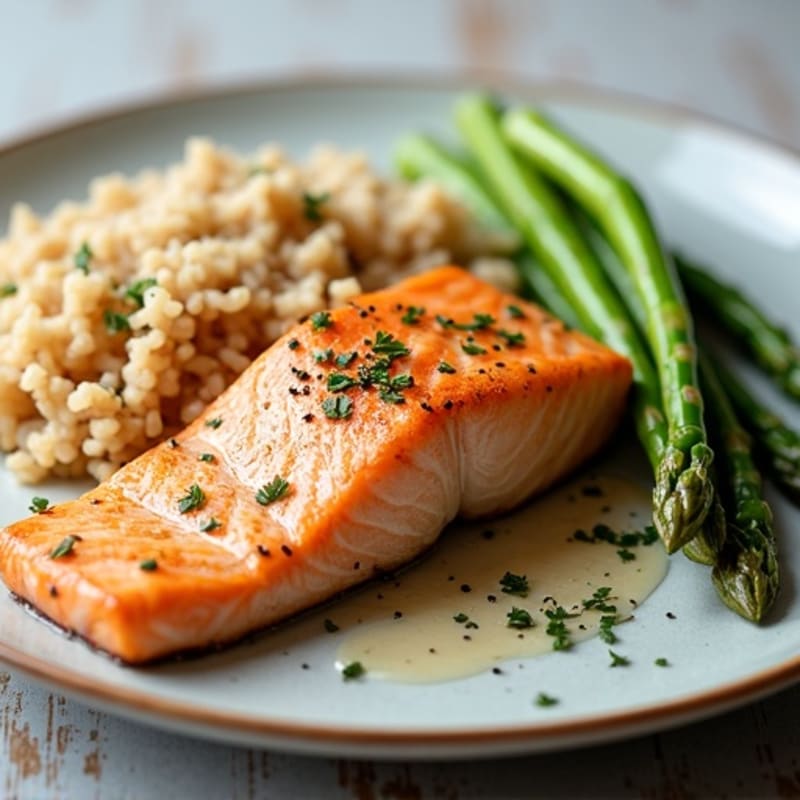 Seared Salmon with Steamed Asparagus and Brown Rice