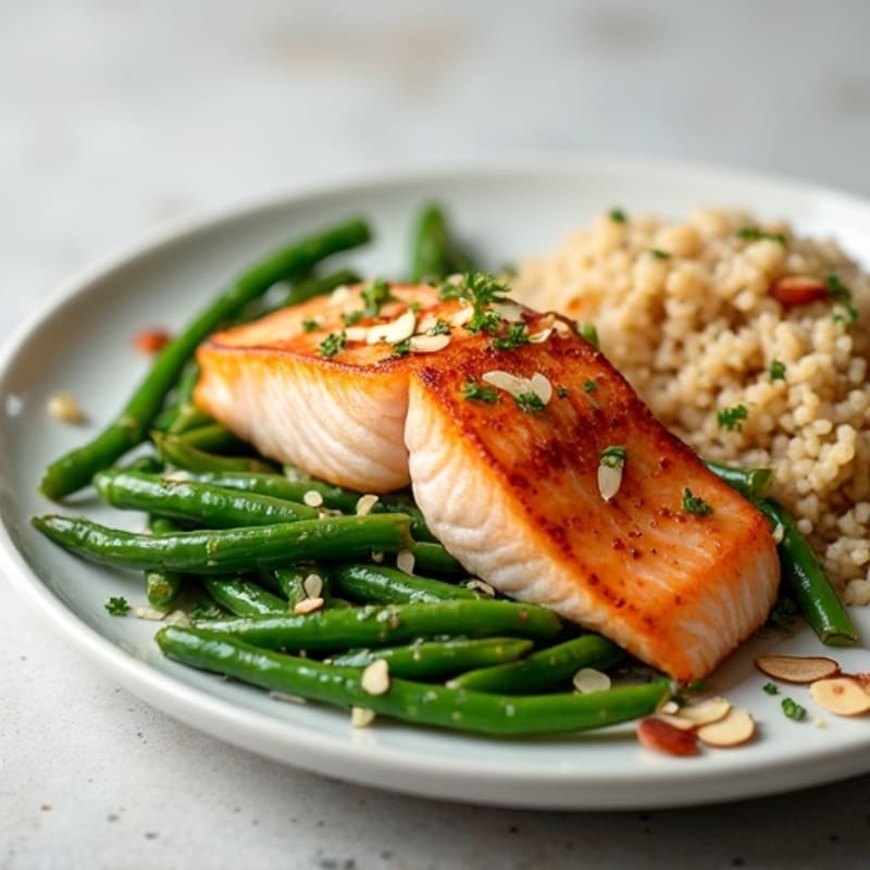 Seared Salmon with Garlic Green Beans and Brown Rice