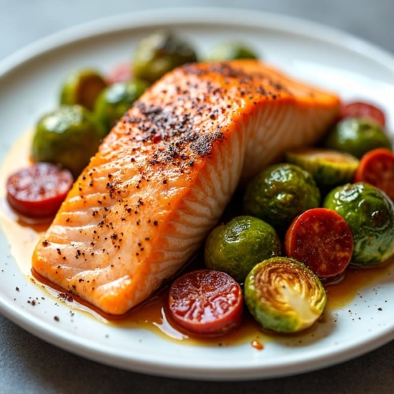 Flaky Roasted Salmon with Spicy Chorizo and Crispy Brussels Sprouts