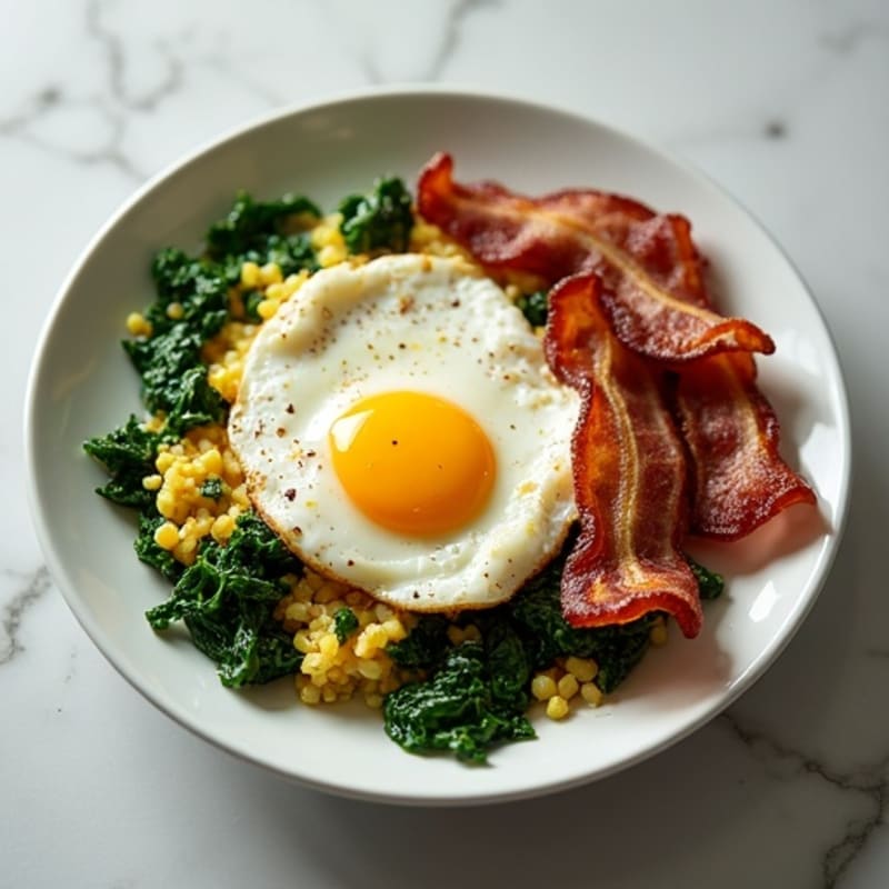 Crispy Turkey Bacon and Egg White Scramble with Sautéed Spinach