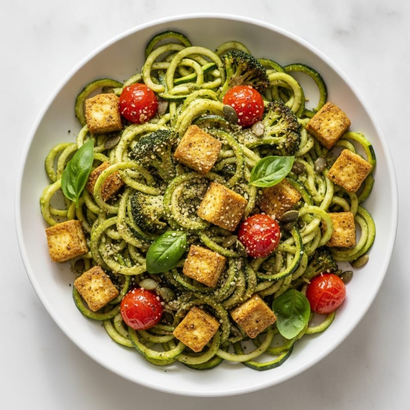 Zucchini Noodles with Pesto and Roasted Vegetables