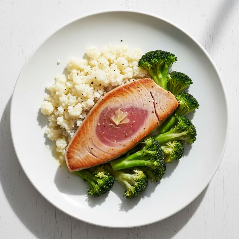 Seared Tuna Steak with Steamed Broccoli and Cauliflower Rice