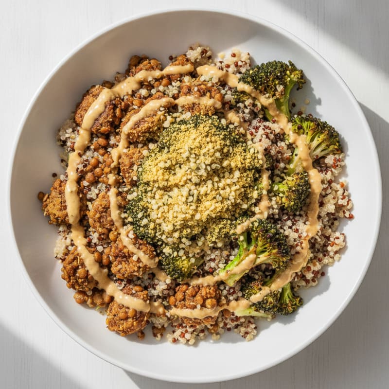 Crispy Lentil and Quinoa Power Bowl with Roasted Broccoli