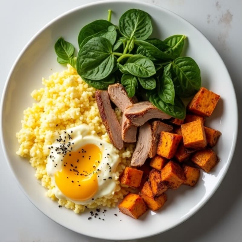 Egg White Scramble with Smoked Turkey, Spinach and Roasted Sweet Potatoes
