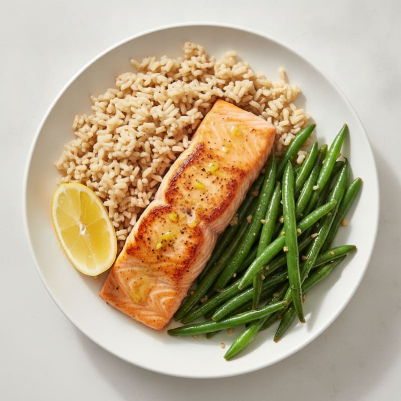 Seared Salmon with Garlic Green Beans and Brown Rice