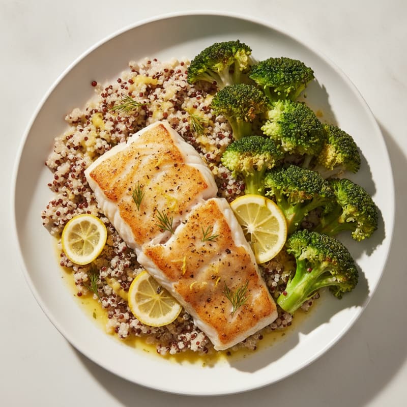 Baked Cod with Steamed Broccoli and Quinoa