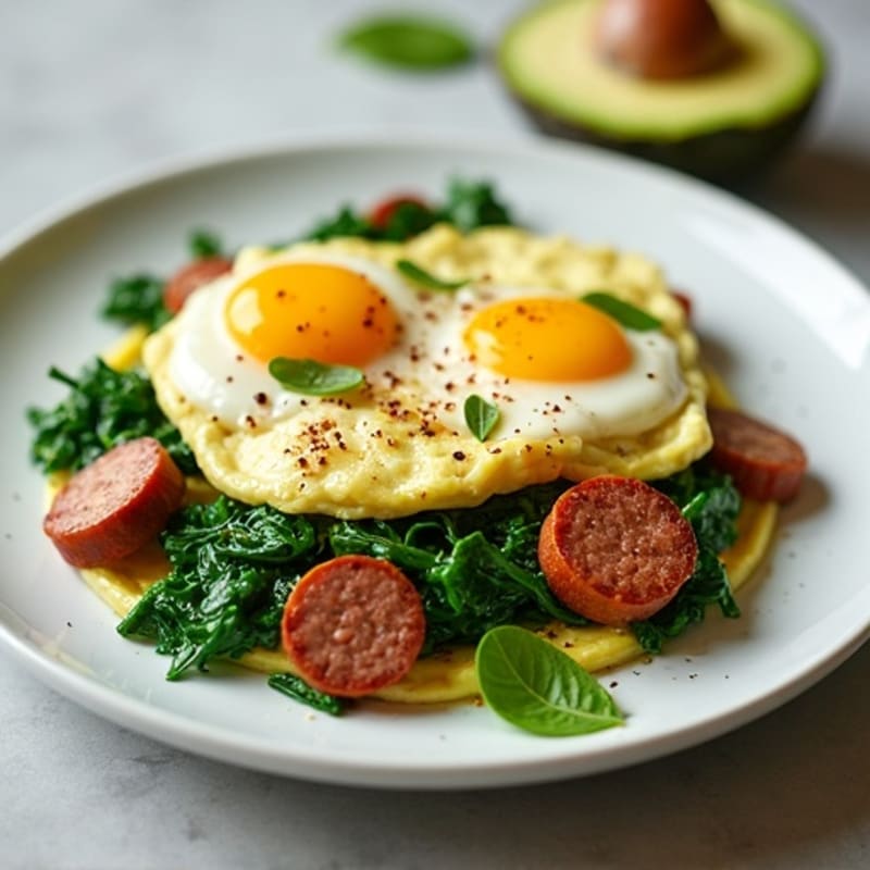 Egg White Scramble with Turkey Sausage and Sautéed Spinach