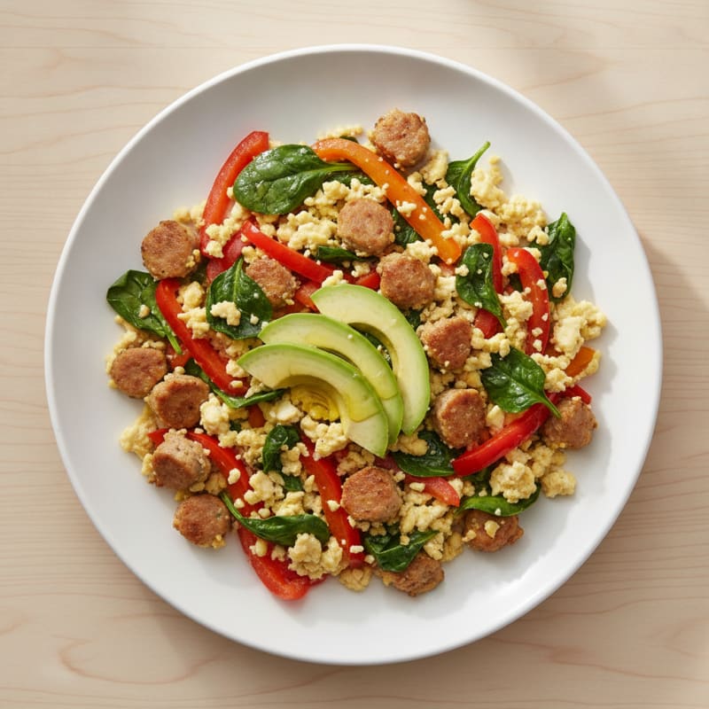 Egg White and Turkey Sausage Scramble with Spinach and Bell Peppers