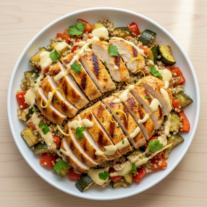 Grilled Chicken Quinoa Bowl with Roasted Vegetables and Lemon Tahini Drizzle