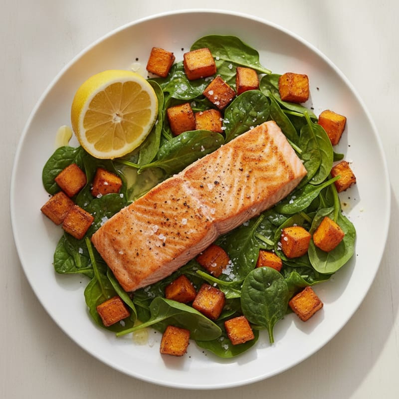 Pan-Seared Salmon Sweet Potato Spinach Salad