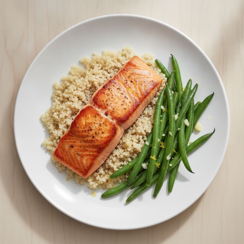 Seared Salmon with Garlic Green Beans and Quinoa
