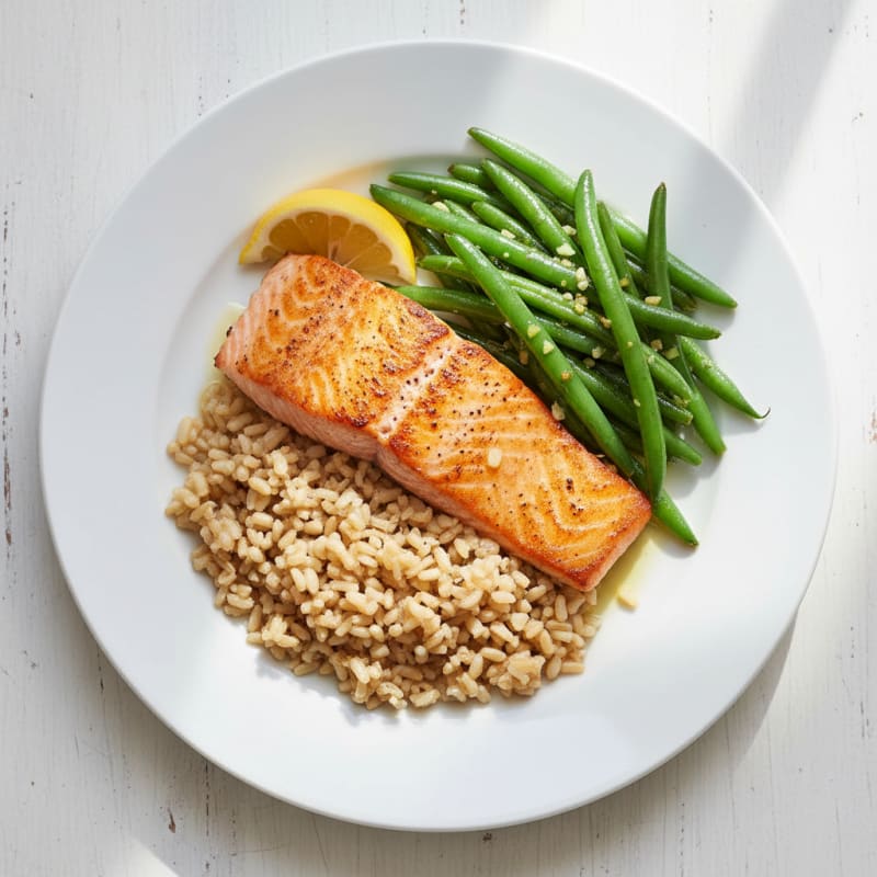 Seared Salmon Fillet with Garlic Green Beans and Brown Rice