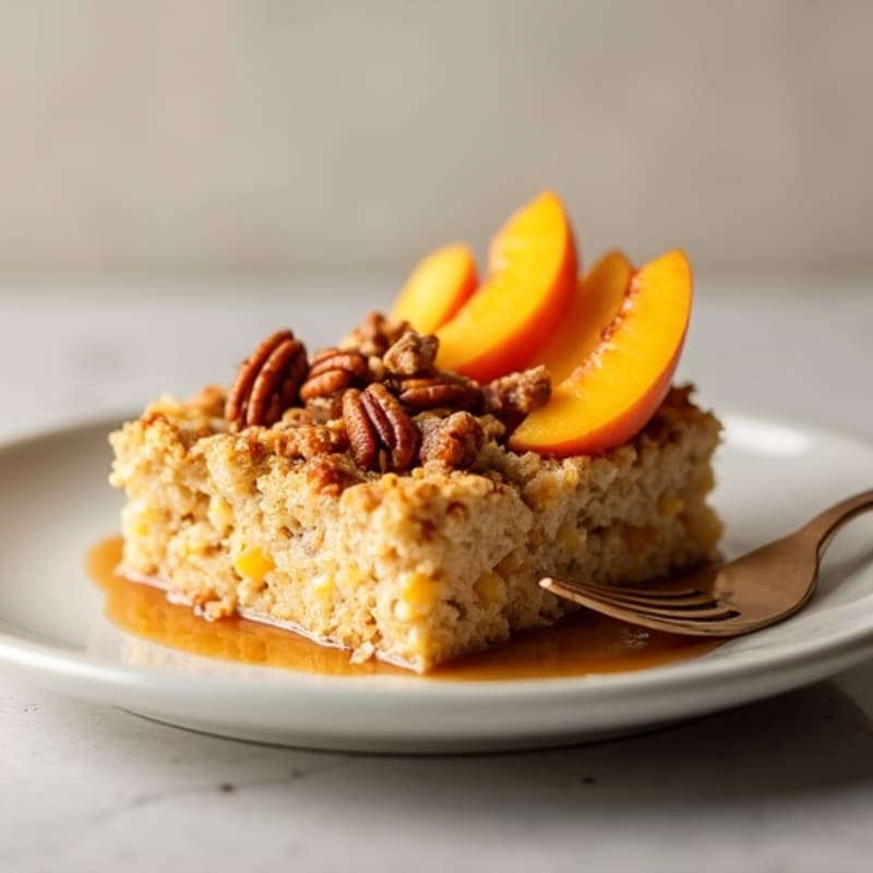 Baked Peach and Protein Oatmeal with Crispy Pecan Topping